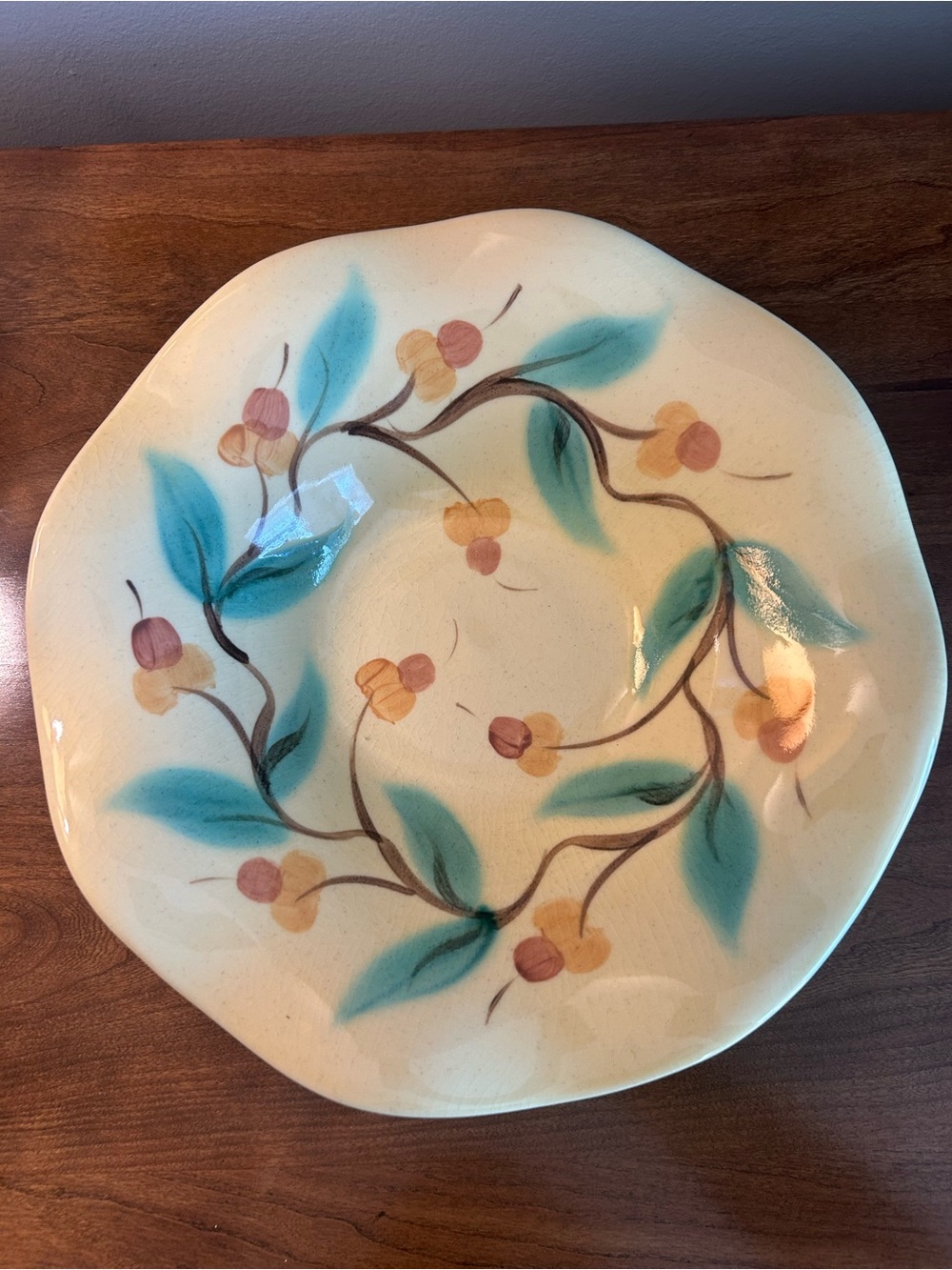 Gail Pittman Ceramics Hand-Painted Floral Bowl in Light Yellow and Teal Original